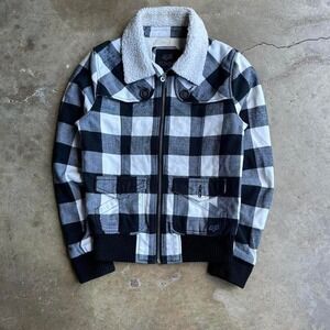 Black and white fox girls plaid sherpa bomber jacket with fleece collar